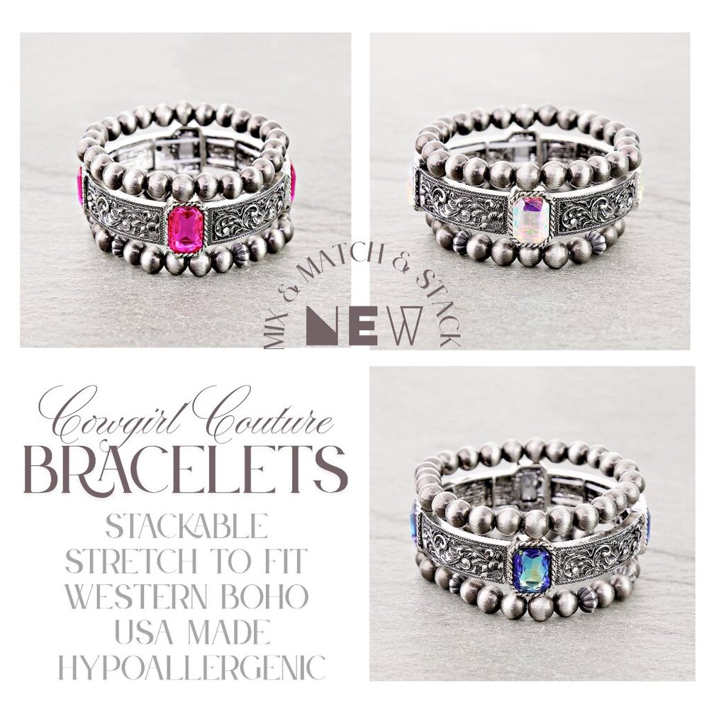 Cowgirl Couture Western 3PC Stackable Stretch Silver Bangle Crystal Bracelet NEW
